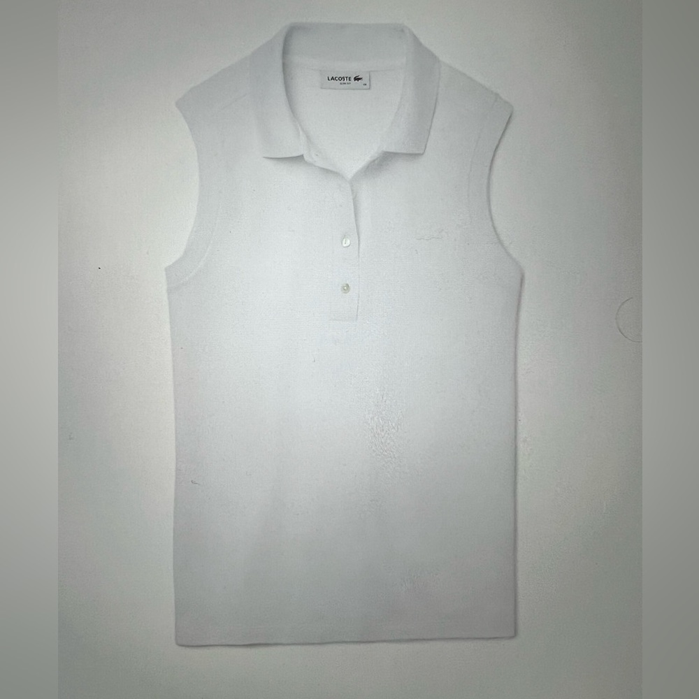 🤍MINT🤍 Lacoste Women’s Slim Fit White Sleeveless Cotton Pique Polo Shirt Sz 44